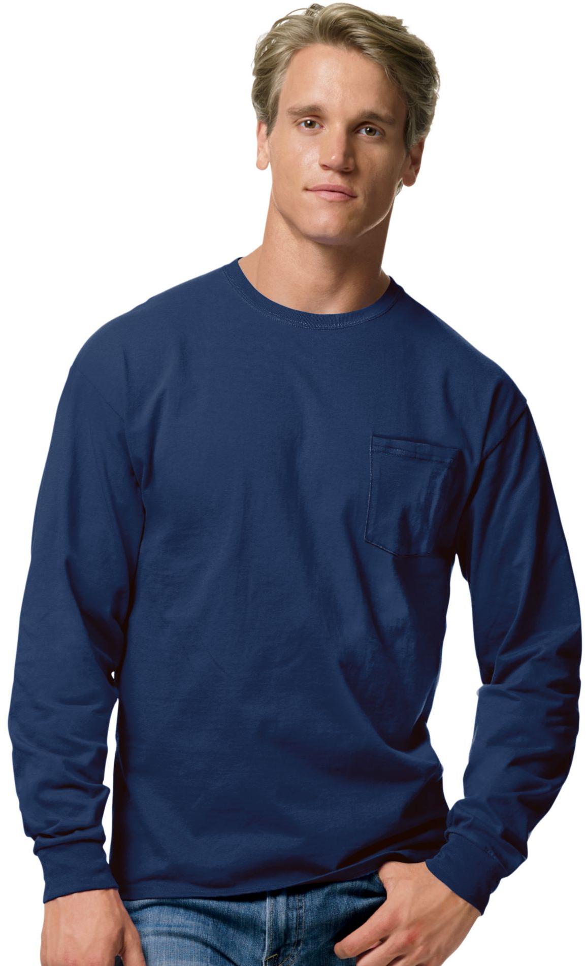 Hanes Men's Tagless Long Sleeve T Shirt with Pocket 5596 | eBay