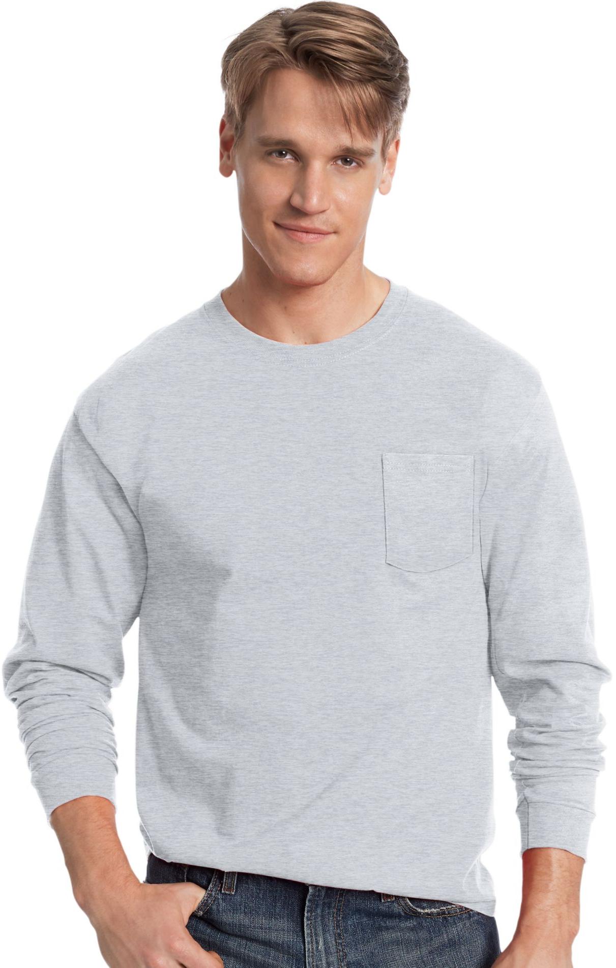 HANES Men's TAGLESS Long-Sleeve T-Shirt with Pocket - 5596 | eBay
